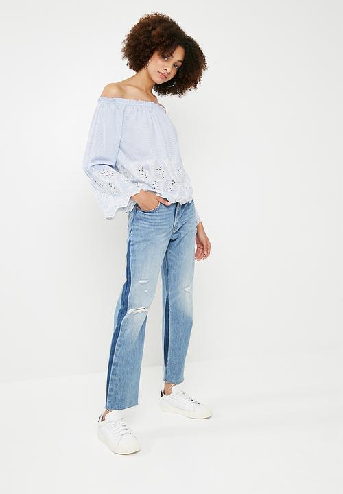 ONLY - Mera long sleeve off shoulder top - blue & white