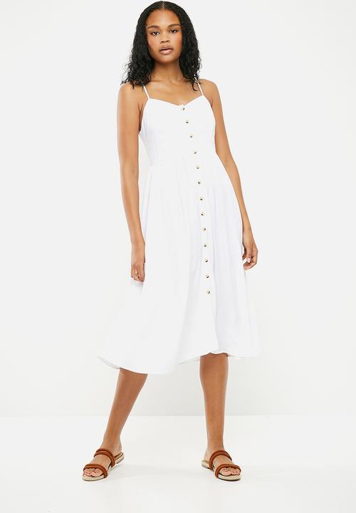 white button through midi dress