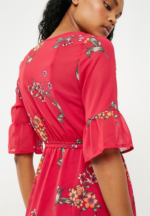 New Look - Charlie floral wrap tie midi dress - red 