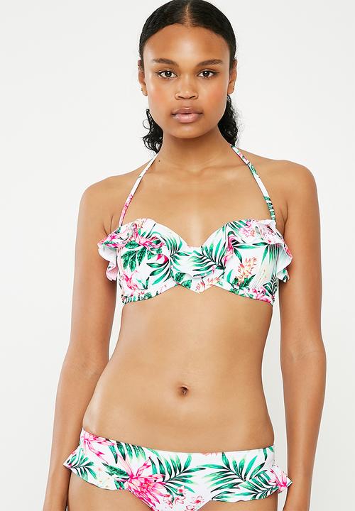 New Look - Tropical underwire frill bikini top- white & pink