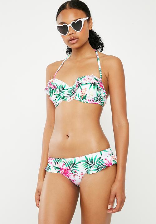 New Look - Tropical underwire frill bikini top- white & pink