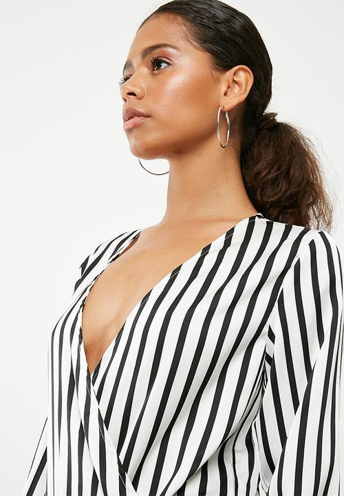 Missguided - Striped plunge neck bodysuit - black & white 