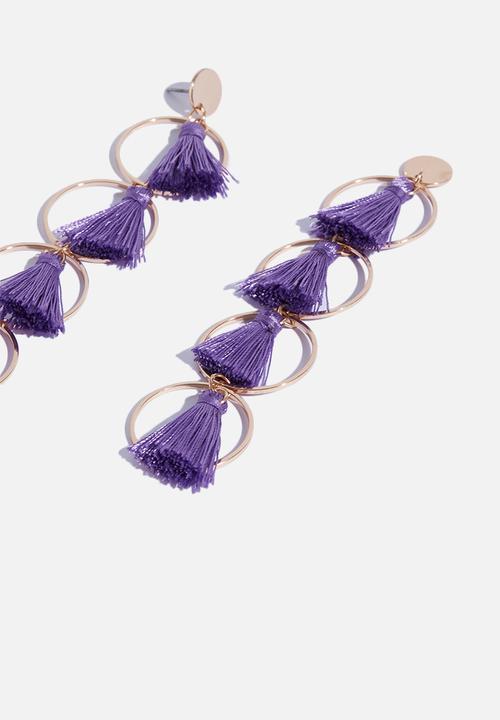 Superbalist - Four tier tassel hoop earrings - purple & gold