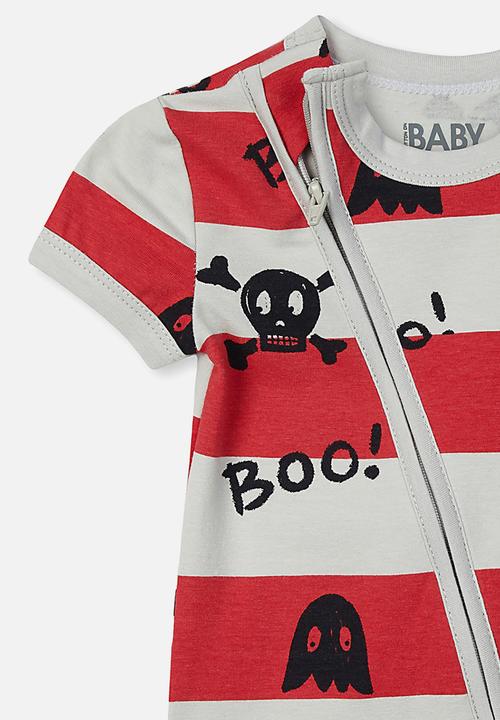 Cotton On - Mini short sleeve zip through romper - grey & red 