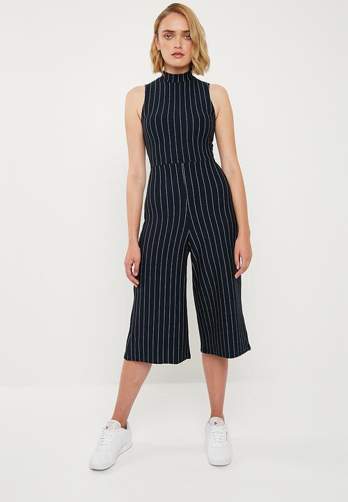 navy pinstripe jumpsuit