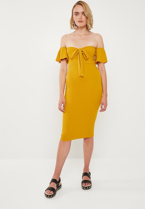 Missguided - Stretch crepe bardot cut out tie front - mustard