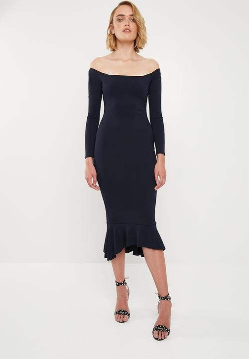 navy bardot fishtail hem dress