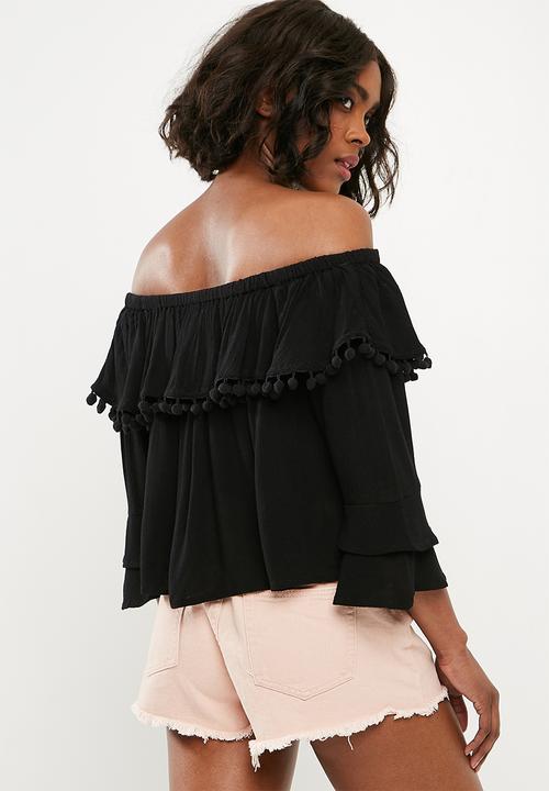 Missguided - Embroidered tier pom pom bardot - black
