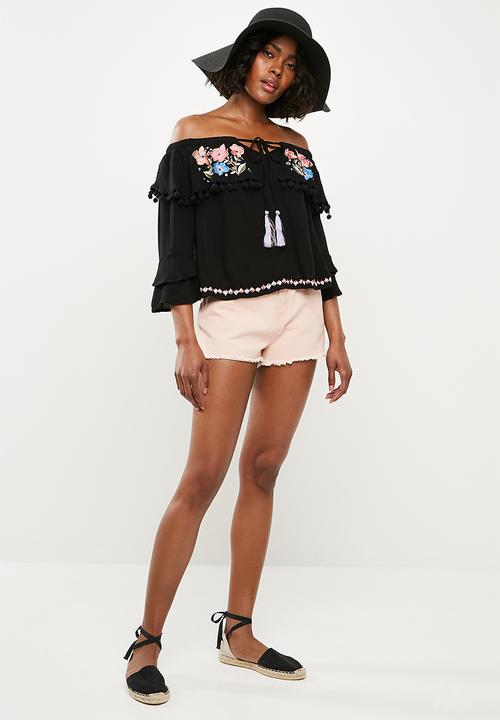 Missguided - Embroidered tier pom pom bardot - black