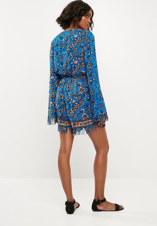 Missguided - Wrap front flare sleeve playsuit - blue