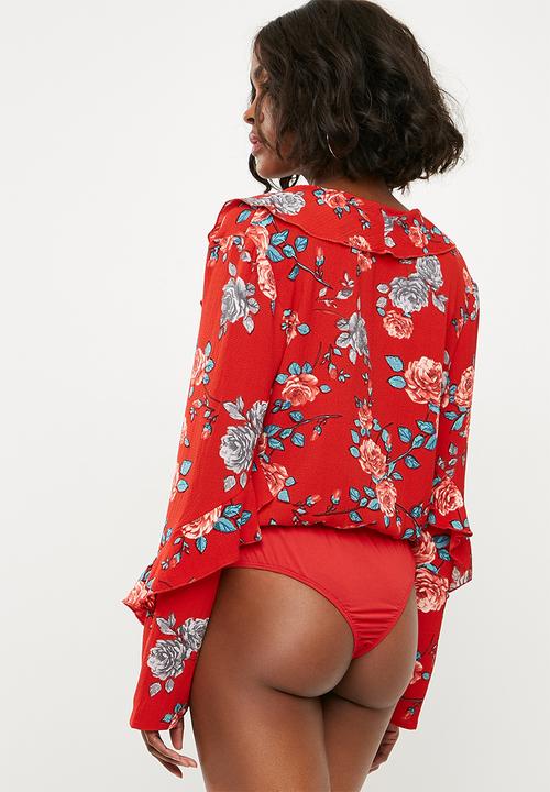 Missguided - Floral frill wrap front bodysuit - red 