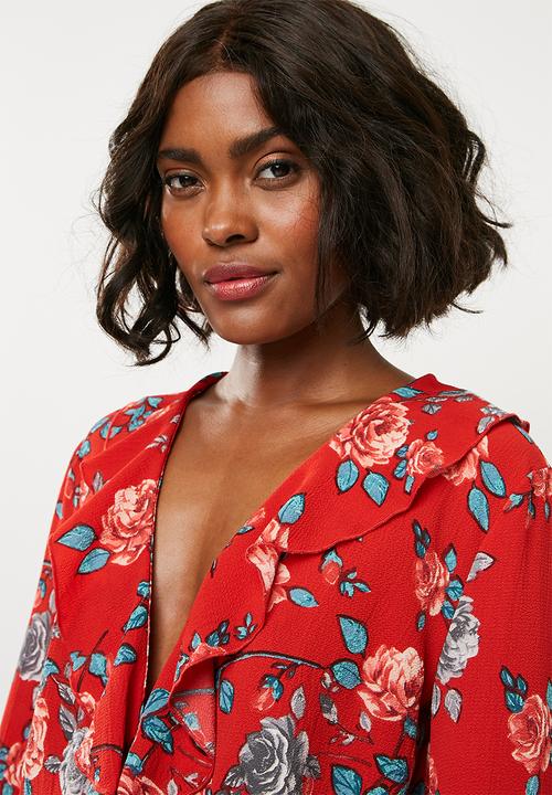 Missguided - Floral frill wrap front bodysuit - red 