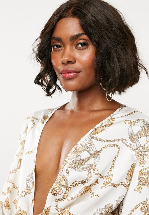 Missguided - Drape plunge flare sleeve bodysuit chain - multi