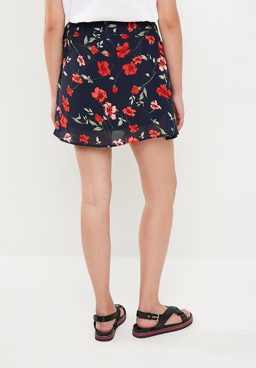 Missguided - Floral chiffon tie side frill mini skirt - navy & red