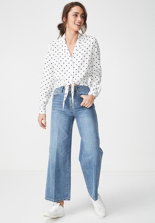Cotton On - Suzie tie front top - white & black 