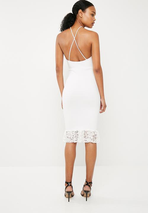 Missguided - Scuba 90s neck lace frill midi dress - white