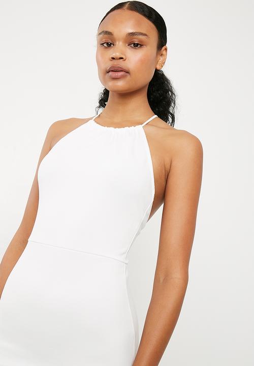 Missguided - Scuba 90s neck lace frill midi dress - white