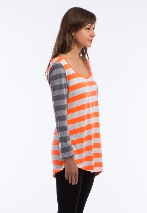 Big Blowout Sale - Contrast Stripe Tee – Orange & Grey