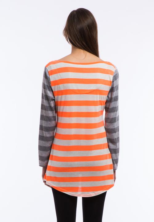 Big Blowout Sale - Contrast Stripe Tee – Orange & Grey