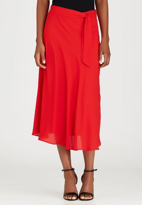 edit - Lined Flared Skirt with Self-tie Belt Red