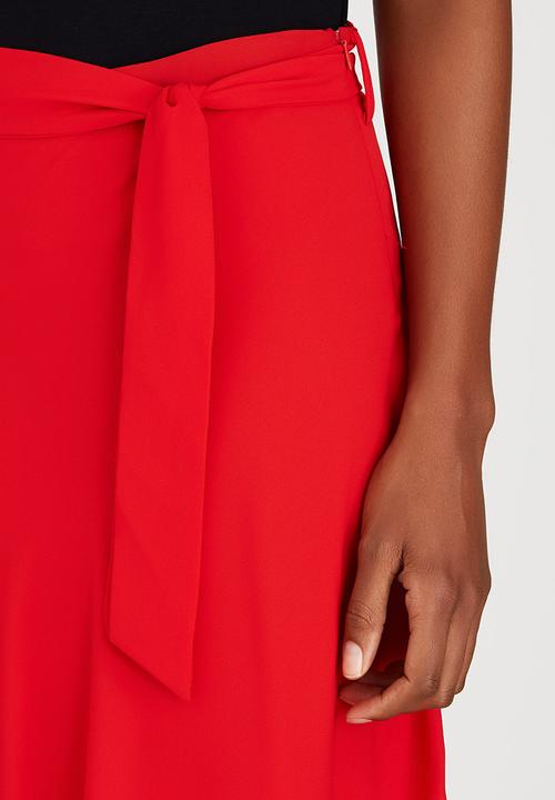 edit - Lined Flared Skirt with Self-tie Belt Red
