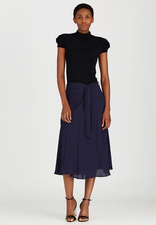 edit - Lined Flared Skirt with Self-tie Belt Navy