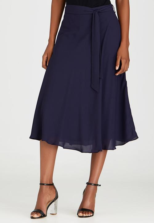 edit - Lined Flared Skirt with Self-tie Belt Navy