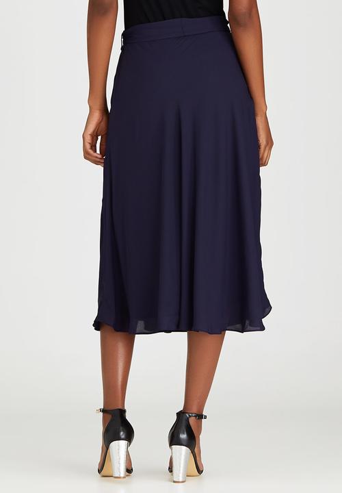 edit - Lined Flared Skirt with Self-tie Belt Navy