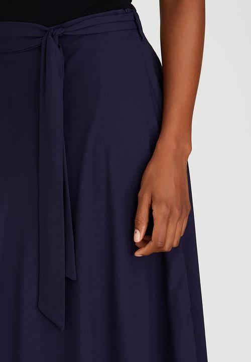 edit - Lined Flared Skirt with Self-tie Belt Navy