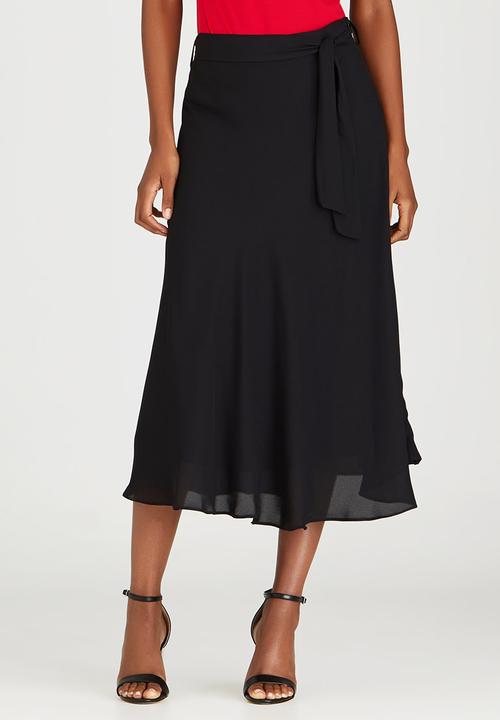 edit - Lined Flared Skirt with Self-tie Belt Black