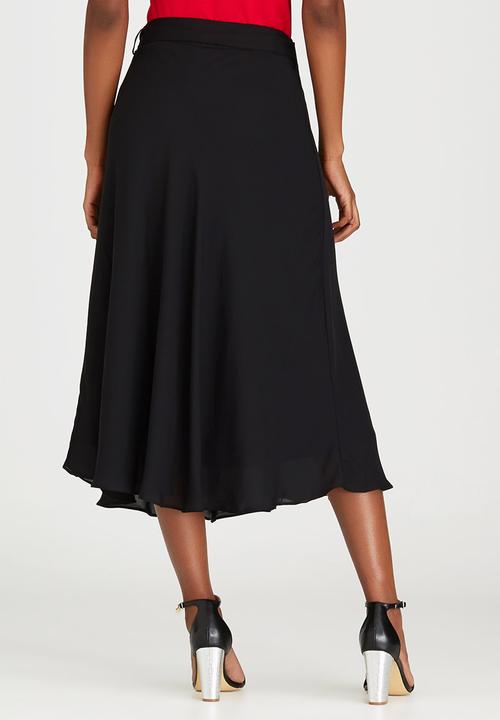 edit - Lined Flared Skirt with Self-tie Belt Black