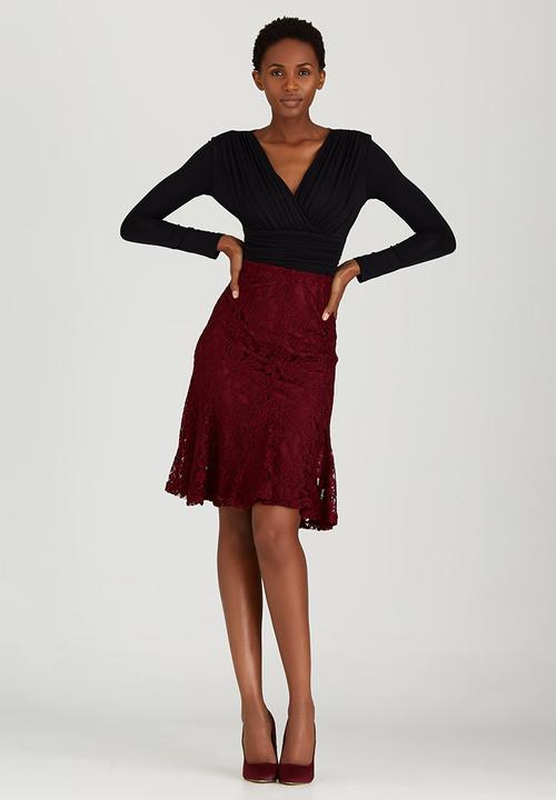 edit - Lined Lace Fit and Flare Skirt Dark Red