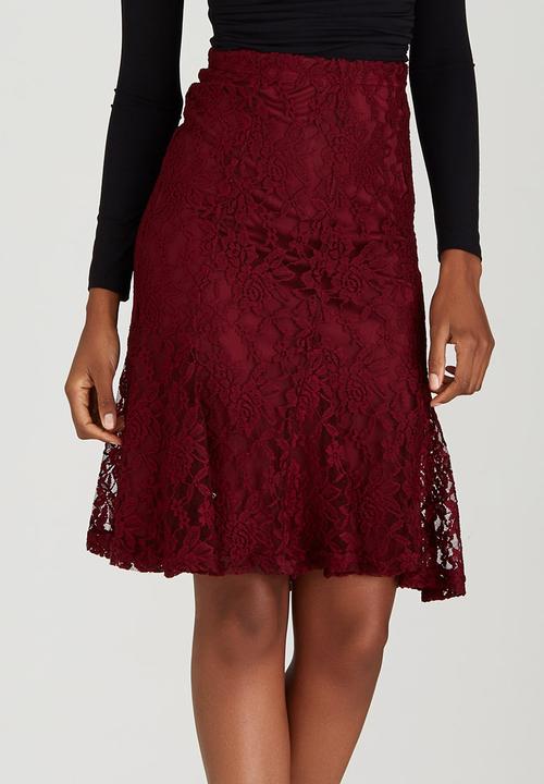 edit - Lined Lace Fit and Flare Skirt Dark Red
