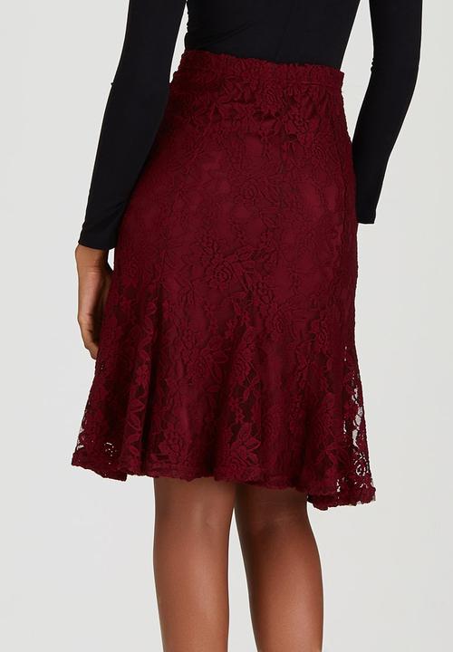 edit - Lined Lace Fit and Flare Skirt Dark Red