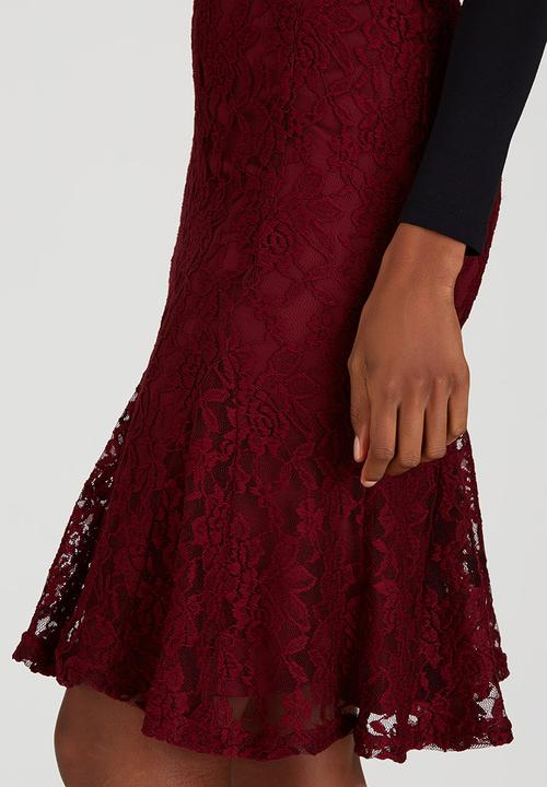 edit - Lined Lace Fit and Flare Skirt Dark Red
