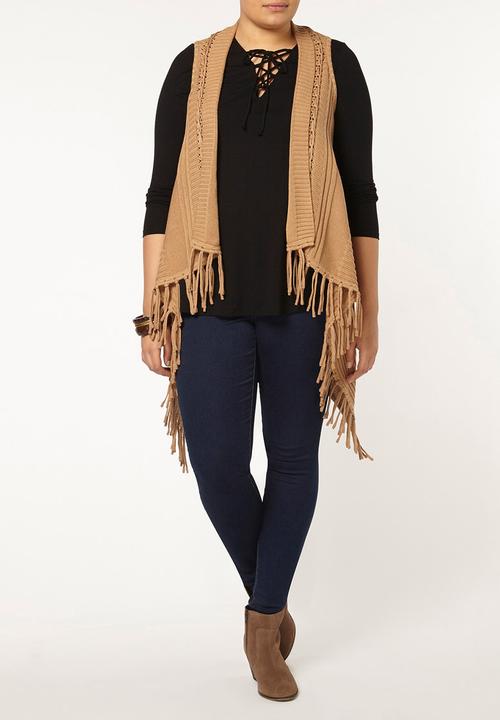 EVANS - Cable Fringed Waistcoat Camel