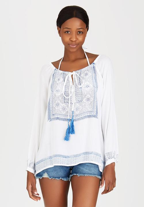 London Hub - Peasant Blouse with Keyhole Detail Blue and White