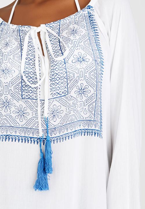 London Hub - Peasant Blouse with Keyhole Detail Blue and White