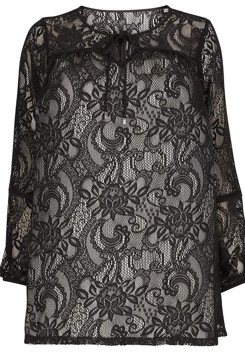 EVANS - Lace Tie Neck Top Black