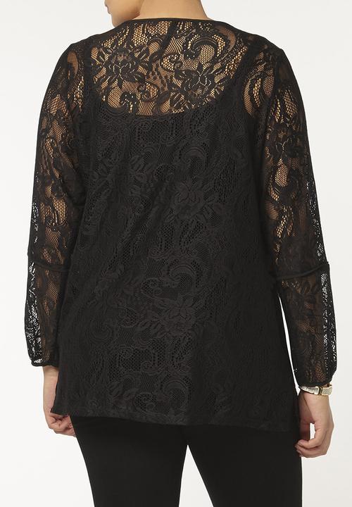 EVANS - Lace Tie Neck Top Black