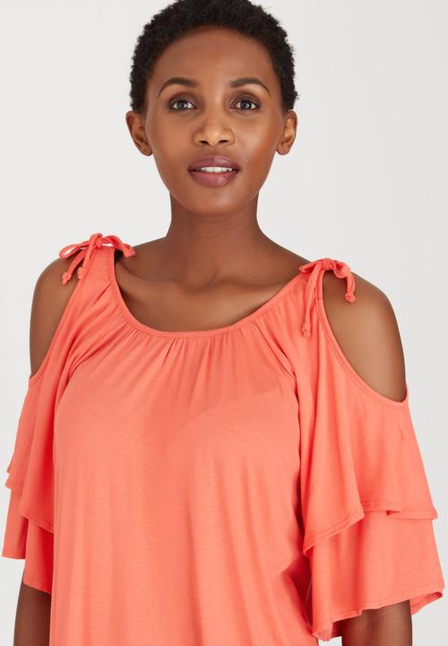 edit - Bell Cold-shoulder Top Coral
