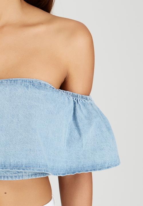 BoohooDNU - Denim Ruffle Off The Shoulder Top Blue