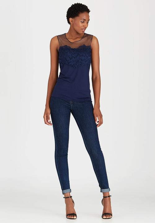 cath.nic - Sleeveless Lace and Mesh Knit Top Navy