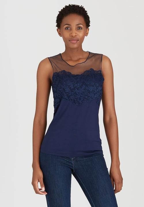 cath.nic - Sleeveless Lace and Mesh Knit Top Navy