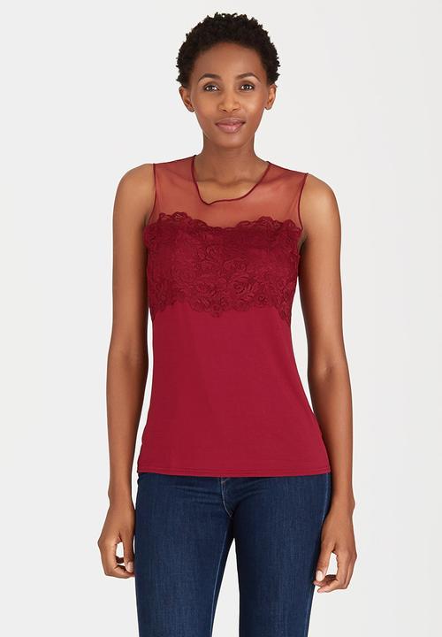 cath.nic - Sleeveless Lace and Mesh Knit Top Dark Red
