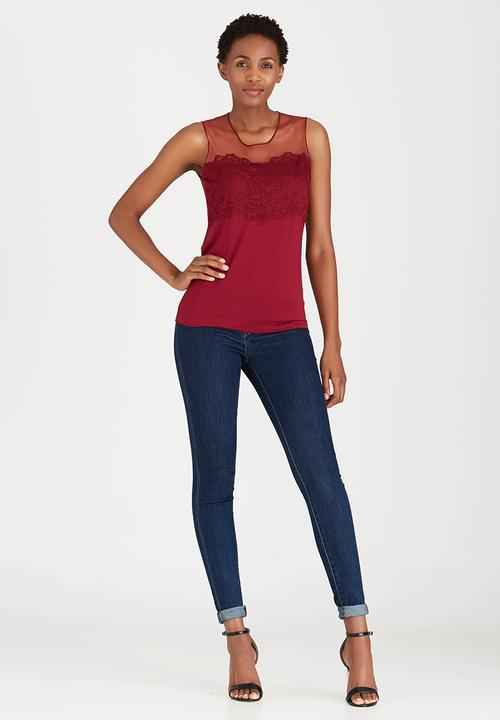 cath.nic - Sleeveless Lace and Mesh Knit Top Dark Red