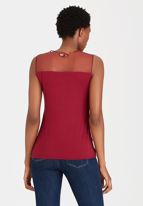 cath.nic - Sleeveless Lace and Mesh Knit Top Dark Red