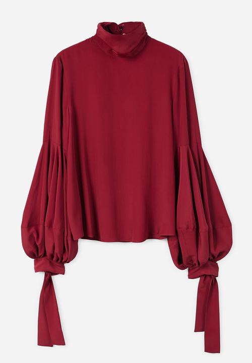 MANGO - Puffed Sleeves Silk Blouse Red
