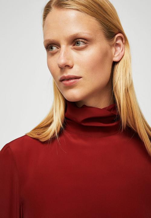 MANGO - Puffed Sleeves Silk Blouse Red