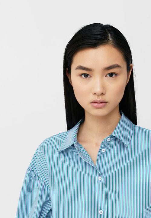 MANGO - Oversized Striped Shirt Green
